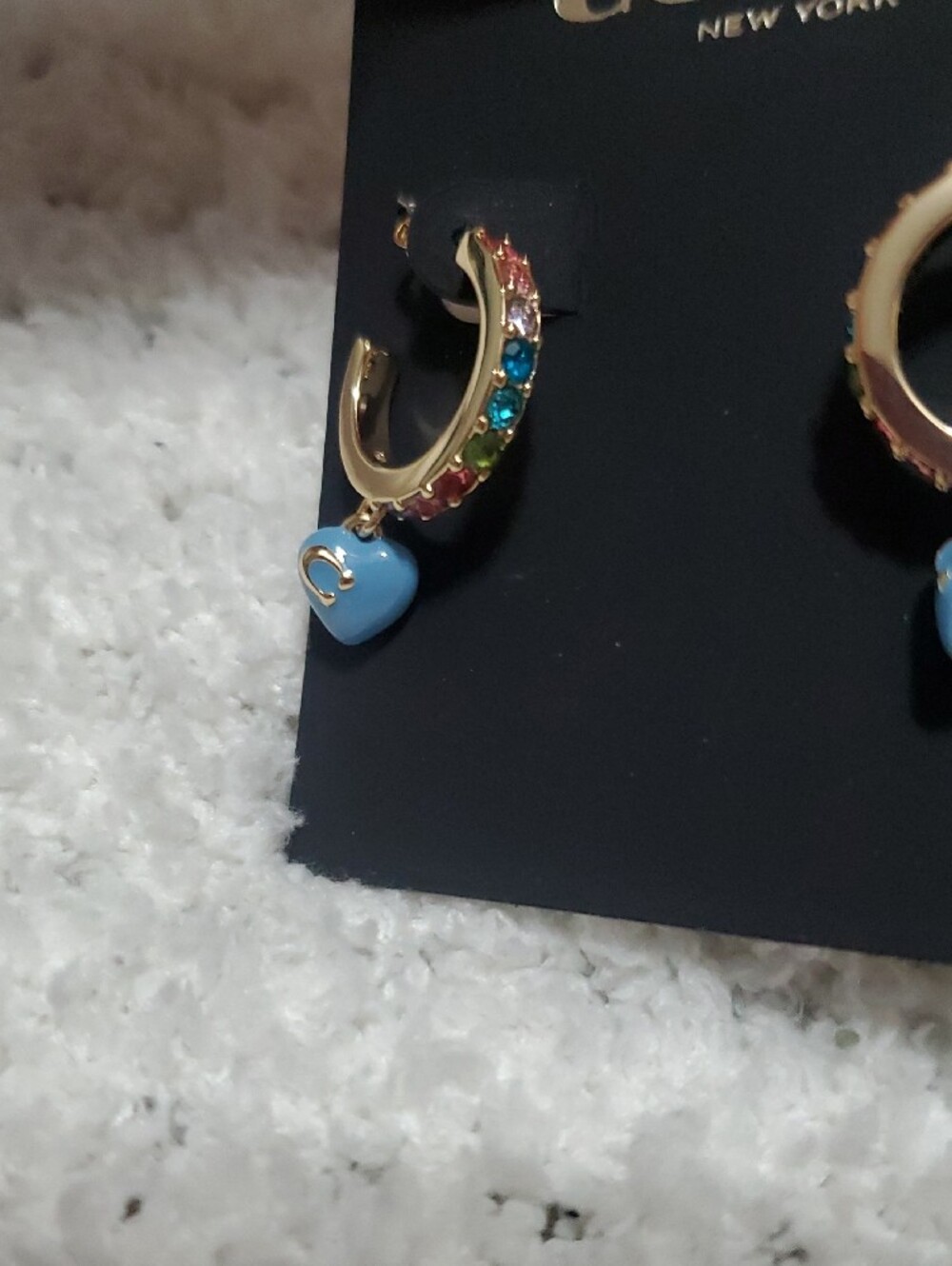 Coach Gold Hoop Earrings with Blue Heart Dangles and Multicolor Crystals - Picture 2 of 8